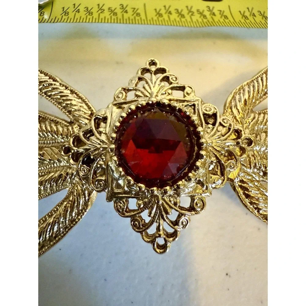 Deborah Rhodes Mocha‎ Barrette Gold Tone filigree with ruby red center